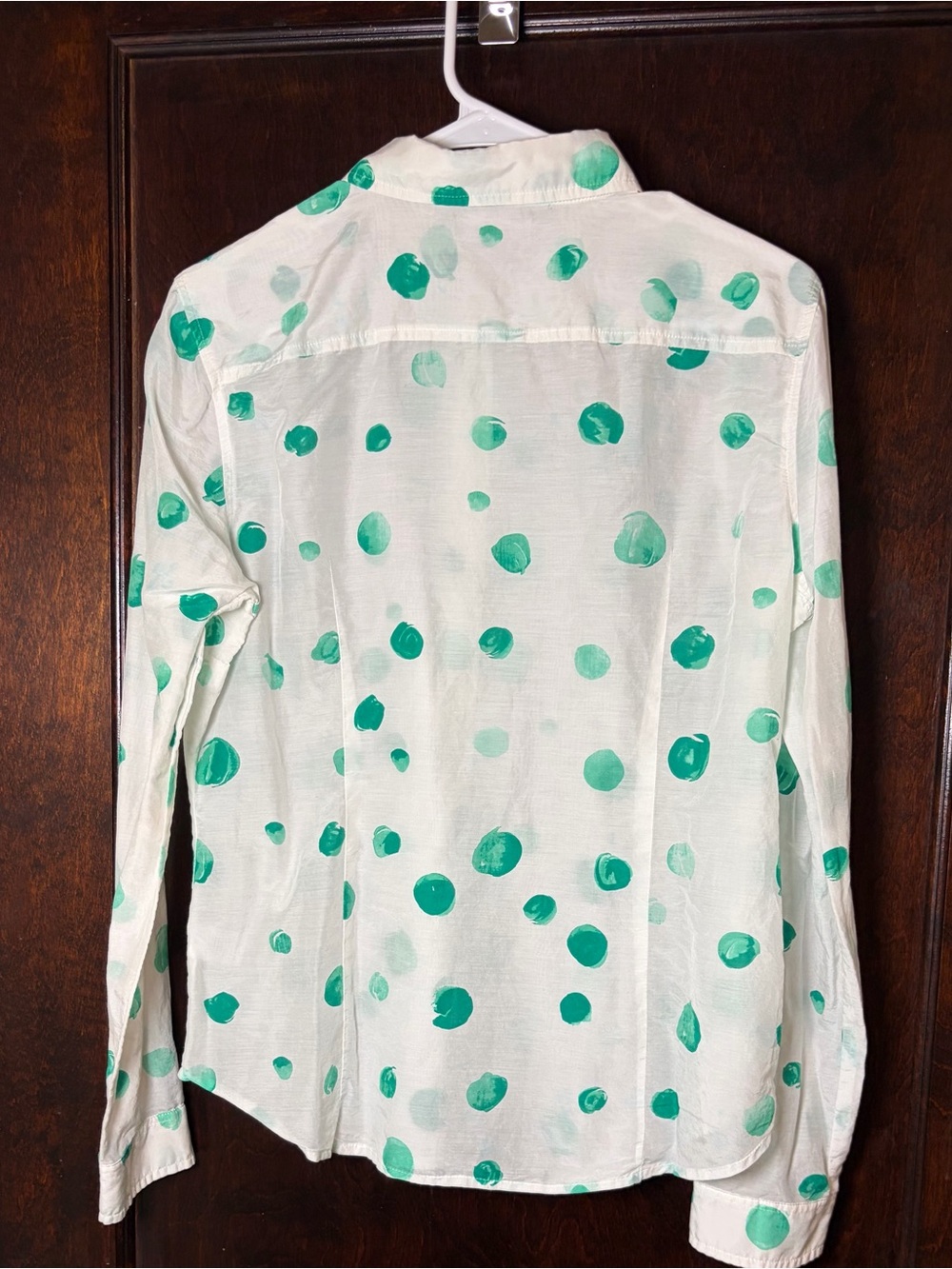 Cotton Silk Blend Women’s Shirt Large Polka Dot Button Up White Green JCP - Picture 2 of 8